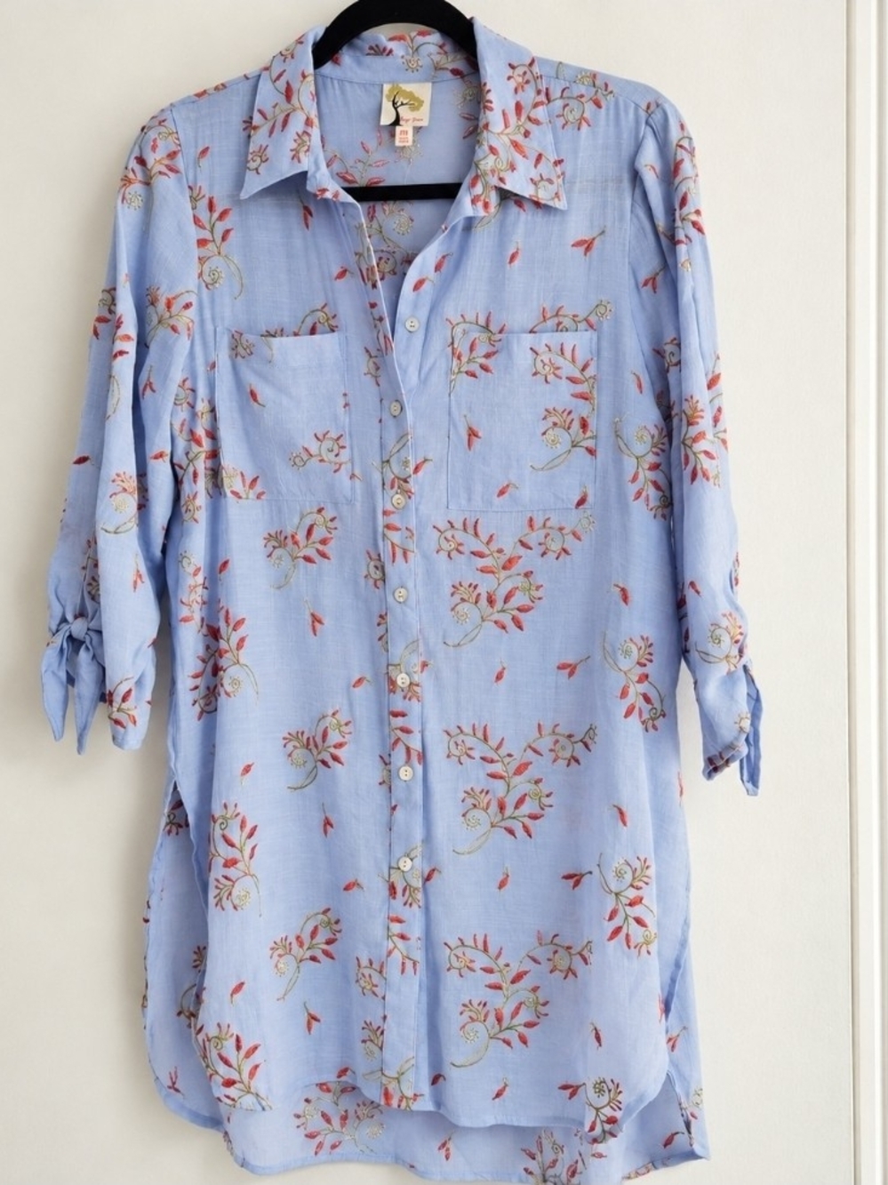 Fig & Flower Blue Floral Embroidered Roll Tab Boho Tunic Blouse M